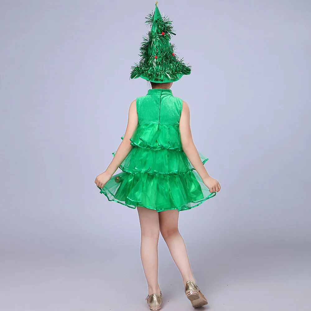 Для маленьких девочек зеленое дерево шапка, платье костюм для участия в рождественском представлении Платья вечерние наряды Пурим эльф Косплэй одежда на Хэллоуин