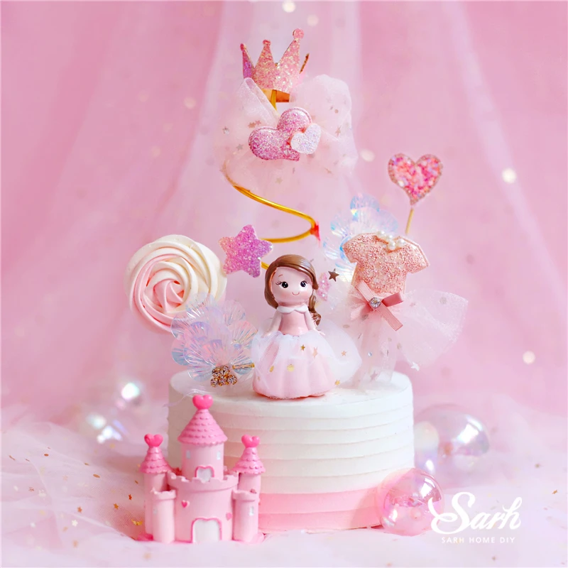 Розовая сетка принцесса украшения спиральная пряжа блесток свадебные принадлежности невесты замок Топпер для торта «С Днем Рождения» выпечки Любовь подарок