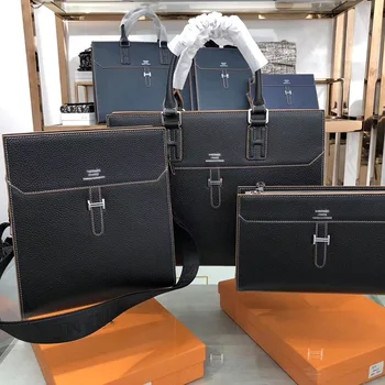 

H F Home Original Entirely Handmade Wax Line Sewing Briefcase Togo First Layer Calfskin Men Business Handbag Men's