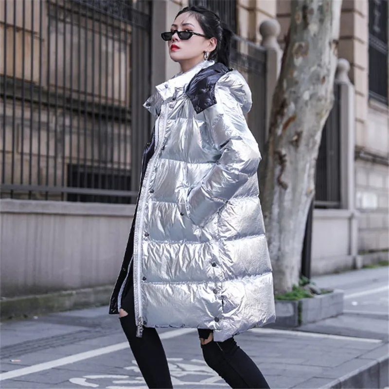 Серебристый блестящий пуховик, хлопковая куртка для женщин, зимняя Модная парка Mujer, негабаритное Свободное пальто с капюшоном, Женская длинная куртка, уличная одежда