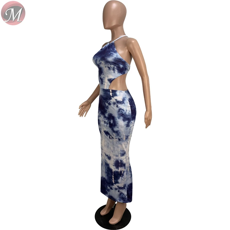 9060601 queenmoen new design tie dye print straps backless woman summer long dress
