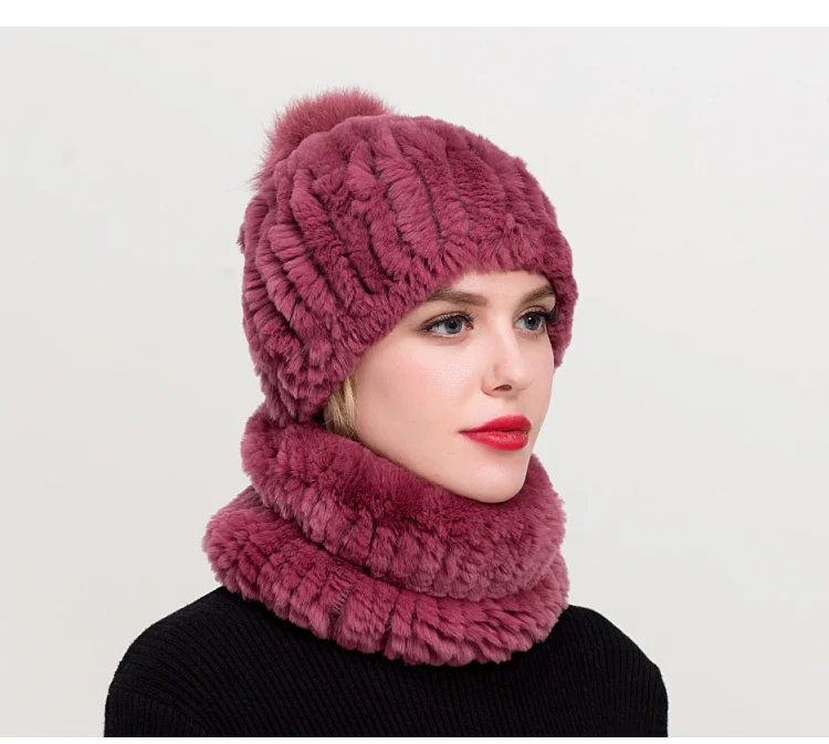 ZDFURS * Зима 100% настоящий мех кролика женские наборы шарф шапка удобные теплые винтажные меховые повседневные женские шапки шарфы Новинка