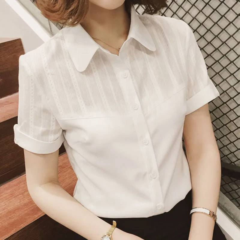 

Women Shirts Women Blouses Korean Woman Short Sleeve Hollow Out Shirt Top Office Lady Lace Patchwark White Shirts Tops Plus Size