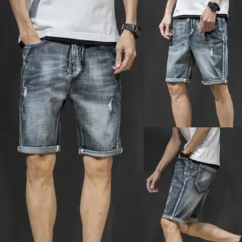 

Retro Summer Shorts Men Ripped Jeans Shorts Drawstring Fifth Pants Destroyed Hole Denim Shorts