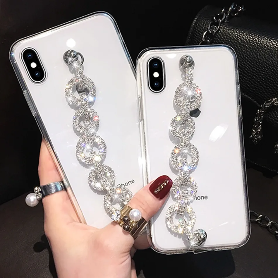 Для iPhone 11 XR XS Pro Max 12 роскошный блестящий чехол с бриллиантовым ремешком на