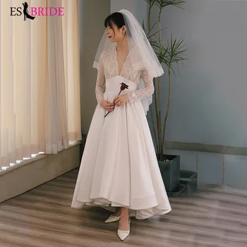 

Main wedding dress satin simple luxury palace front short long lace 2020 new sleeve wedding dress