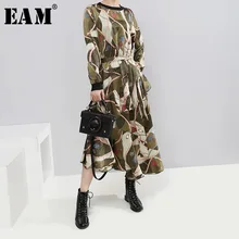 [EAM] женское ассиметричное длинное платье с принтом, новинка, круглый вырез, длинный рукав, свободный крой, мода, весна-осень, 1K467