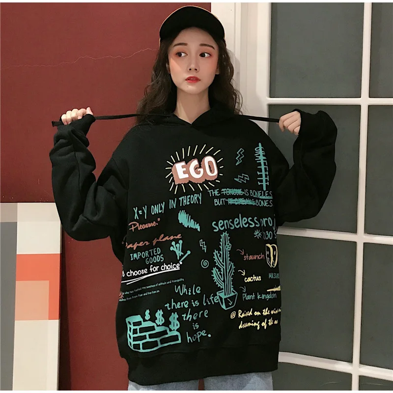 Graffiti Cactus Print Velvet Women Sweatshirt Hooded Hip Hop Korean Female Hoody Winter Loose Thicken Ladies Pullover Top