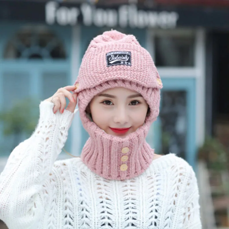 

Women Winter Beanies Hats Velvet Thick Bib Mask Ear Protector Skullies Beanie Hat Riding Hat Female Warm knitted Wool Cap