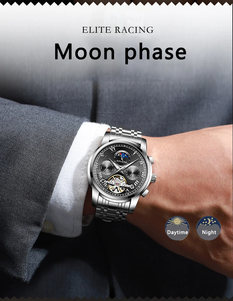 AILANG Fashion Men's Business Automatic Men Mechanical Watch Stainless Steel Calendar Week Luminous Waterproof Tourbillon Watch