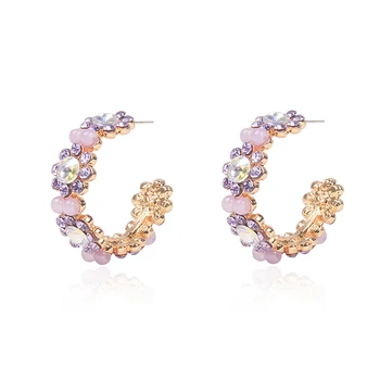 

MWsonya New Korean Luxury Colorful Shell Flowers Crystal C Shape Circle Earrings Rhinestone Pendant Earring for Women Jewelry
