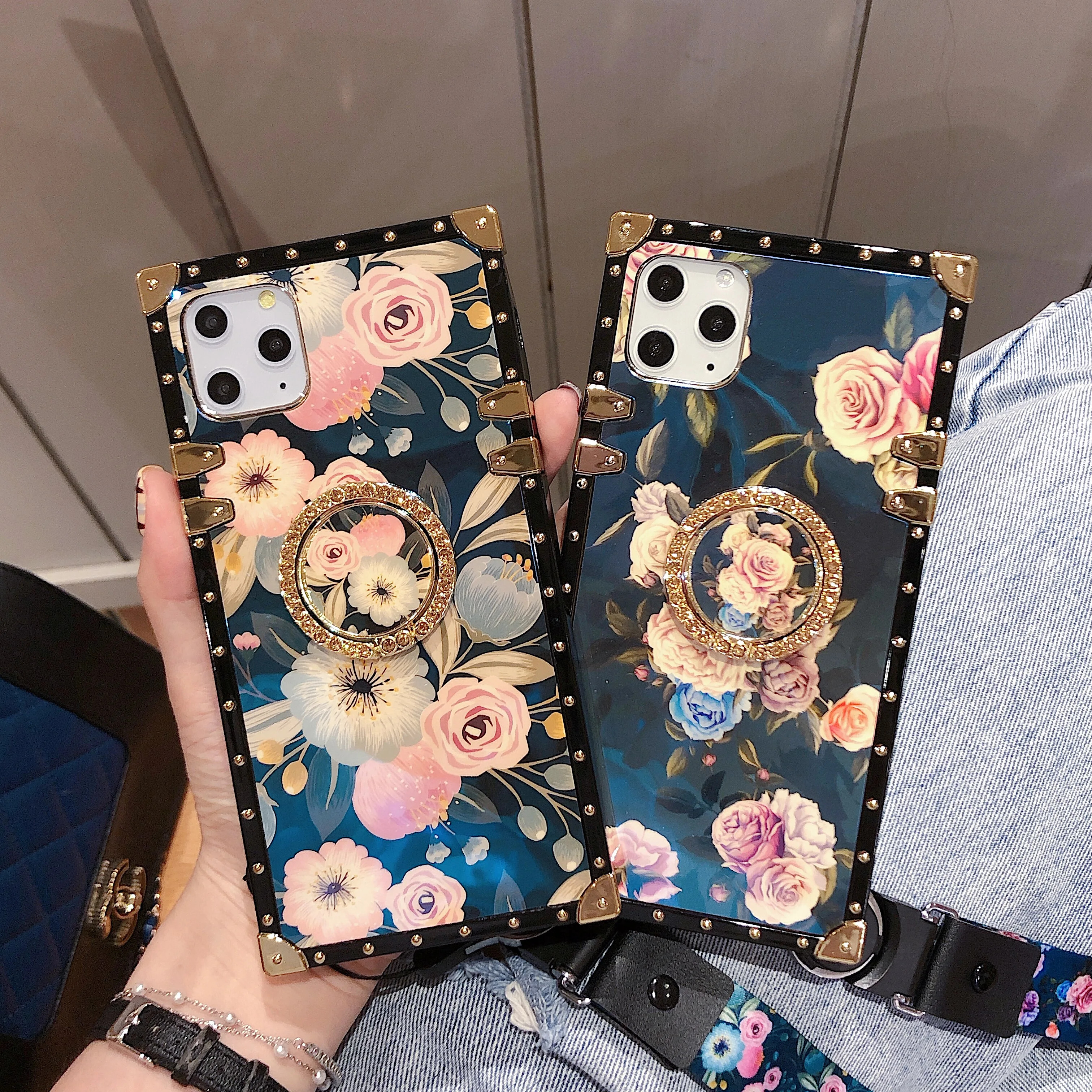 ORYKSZ Luxury Vintage Flowers Cases For iPhone 11 Pro Max Case Phone XR XS 6 6S 7 8 Plus X Diamond Ring Back Cover Coque | Мобильные