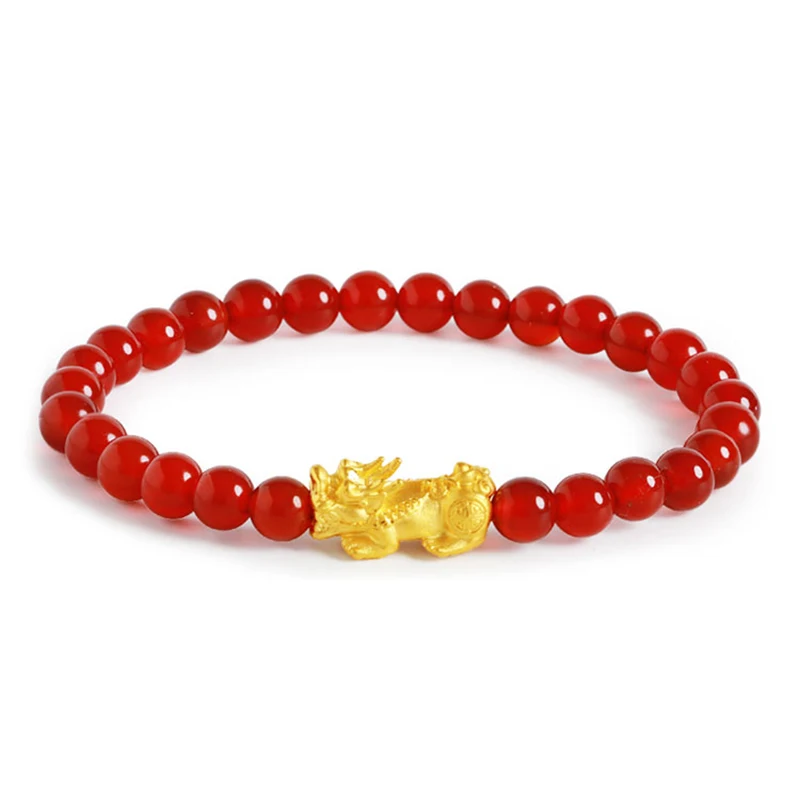 

Real 24K Yellow Gold Bracelet Woman 3D Luck Bless Pixiu Charm with Red Agate Beads Bracelet Adjustable