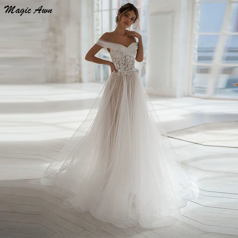 

Magic Awn Graceful Princess Wedding Dresses Lace Appliques Off The Shoulder Boho Beach Mariage Gowns Illusion Abito Da Sposa