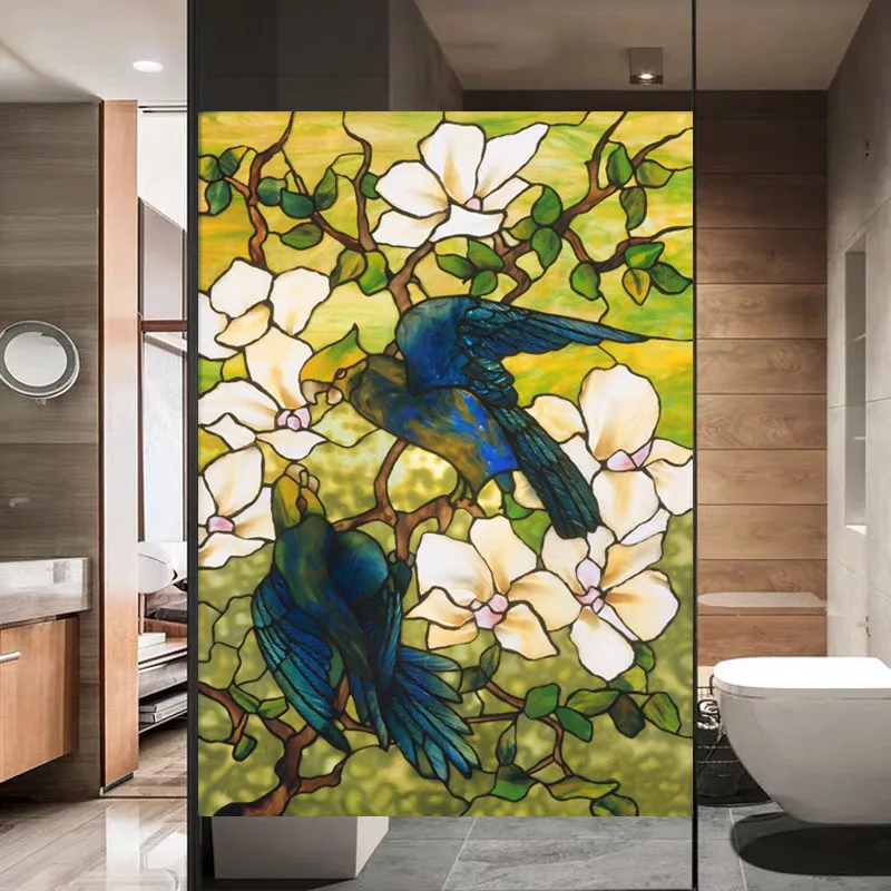 European Church Tiffany Style Glass Film Stained Window Films Opaque Static Cling Privacy Custom Size Stickers Hibiscus Parrots | Дом и сад