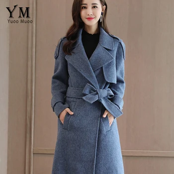 

YuooMuoo Good Quality Open Stitch Woolen Coat with Belt Medium-long Winter Wool Jacket Elegant Ladies Coat Outwear Blue Jacket