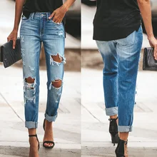 

Woman Jeans 2021 Autumn Winter New Simple Slim Holes Pocket Denim Pants Women Fashion Solid Color Ripped Jeans for Women
