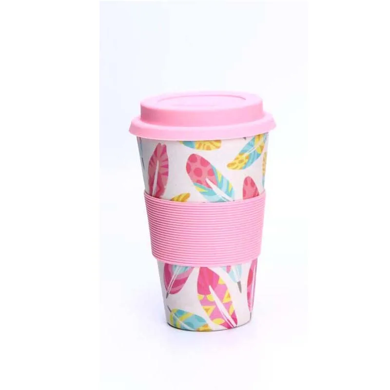 Pink Feather Креативные кофейные кружки BPA бесплатно, Бамбуковая бутылка для воды, розовая кожаная дорожная портативная чашка для чая, молока, посуда для напитков 400 мл - Color: Pink Feather