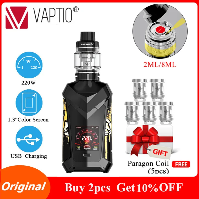 

Original Vaptio SUPER CAPE 220W vape Kit with 2/8ml Atomizer & 1.3inch Color TFT screen Cool UI vaporizer E-cigarette Kits