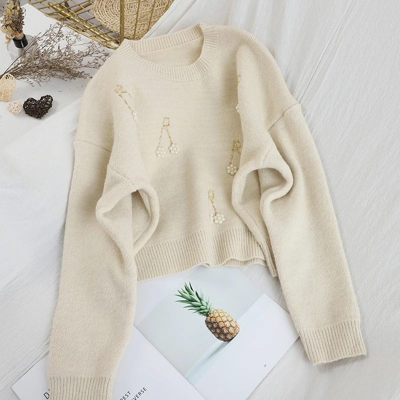 Neploe корейский дизайн с бисером Pull Femme Hiver толстый теплый пуловер с круглым вырезом и длинными рукавами свитер сплошной Свободный вязаный Sueter Winter48246