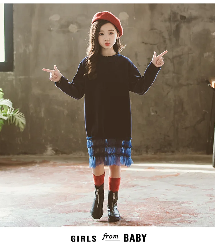 Платье для девочек-подростков; осенне-зимняя одежда; Плотная хлопковая повседневная детская одежда в Корейском стиле для маленьких девочек 4, 6, 8, 10, 14 лет