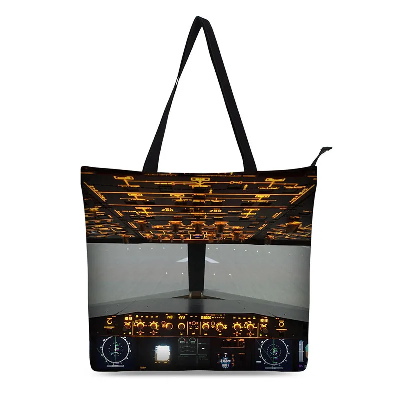 

Canvas Shopping Bag Personalized Aircraft Tote Bags Cockpit Shoulder Bag Airplane Design Black Grocery Bag Cotton Plane Handbag