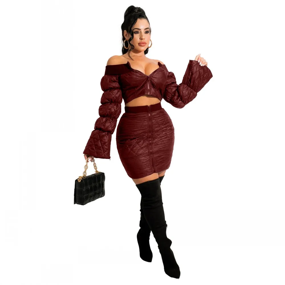Pure Color Leather Sexy Short Skirt Suit One-Neck Long-Sleeved Jacket+Tight Mini Skirt Two-Piece Winter Casual Women