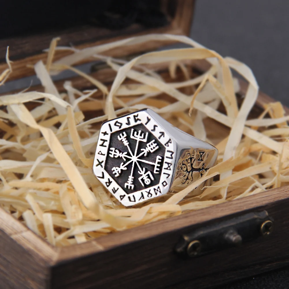Stainless Steel Ring finger ring Viking Compass Runic Statement Men Vintage Color Nordic Viking Totem Odin