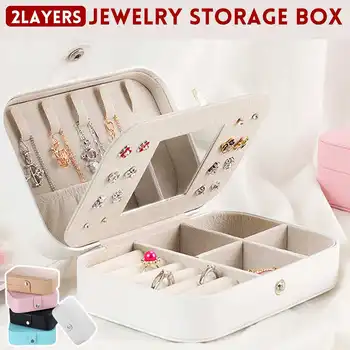 

2 Layers Travel Jewelry Storage Box Makeup Organizer Jewelry Box Casket Earrings Case Portable Jewellry Packing With Mirror