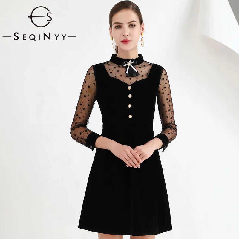 SEQINYY Черное мини-платье осень весна модный дизайн 3/4 рукав сетка точка бант бархатное платье женское тонкое