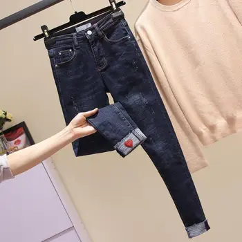 

Plus size 4xl jeans women spring autumn fashion sweet heart high waist elastic Slim denim pants female r649