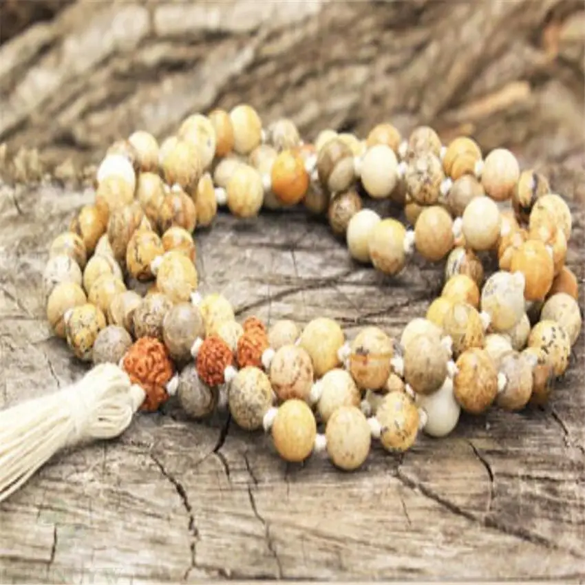 

6mm Picture stone Tassel Mala necklace 108 Bead pray energy Wrist Bless Sutra Multicolor Chakas yoga spirituality natural