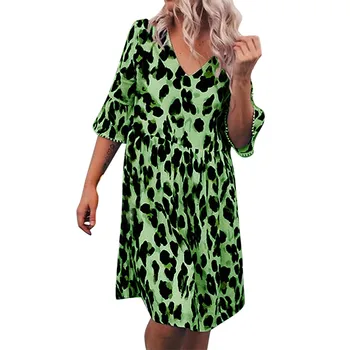 

JAYCOSIN Fashion Women V-Neck Leopard Print Dress Plus Size Middle Sleeve A-Line Casual Dress For Women Vestidos Femininos 2020