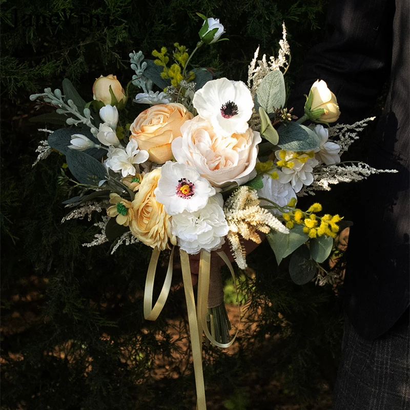 JaneVini Vintage Yellow White Wedding Bouquets Garden Bridesmaid Flower Artificial Roses Bridal Fake Bouquet Accesorios De Novia