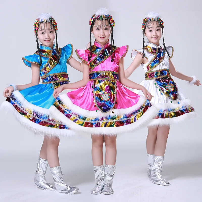 Children National Minority Nation Costume CHILDREN'S Performance Wear Tibetan Clothes Tibetan Dance Costume Long White Silk Slee