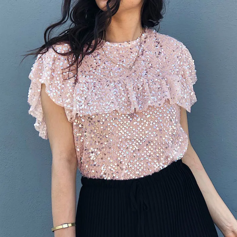 Online 2019 Frauen Bluse und Tops Rosa Casual Rüschen Friesen Kurzarm Sehen Durch Frauen Tops Sommer Sexy Tops