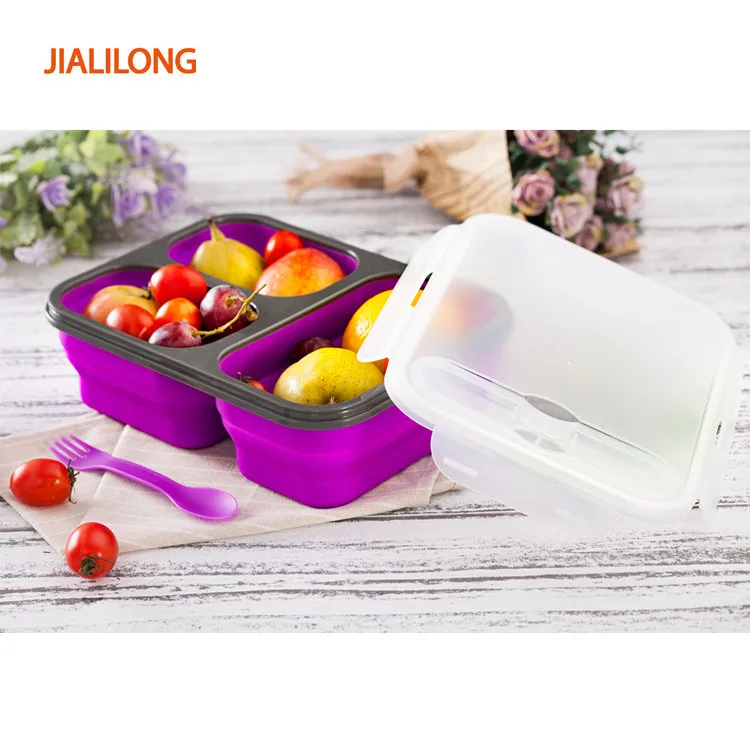 Three Grid Silicone Folding Lunch Box through FDA Lfgb Standard Test Guangdong Manufacturers Portable Lunch Box