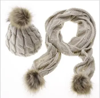 

New Fashion Women Girl Wool Knit Beanie Thick Hat Scarf 2 Pieces Set Winter Warm Lady Fur Pom Poms Soft Cap Scarves Hat Set