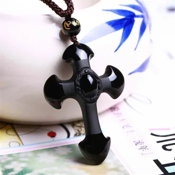 

Natural Stone Obsidian Pendant 52*35mm Black A Carved Cross Carving Handwork Mascot Amulet Lucky Cross Pendant Necklace