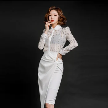 

High Waist Skirt Suit Set Blouse New Fashion Elegant Office 2 Pieces White Ladies Women Sleeve