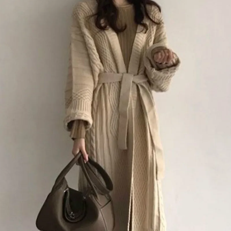 

Women Autumn Winter Elegant Twist Bandage Long Sweater Cardigan Female Long Sleeve Knitted Coat Jacket Out Wear Overcoat