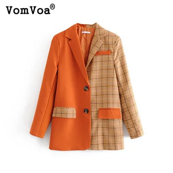 

VomVoa 2020 spring casual net red female fashion Korean loose stitching lattice two buttons temperament small suit 27278