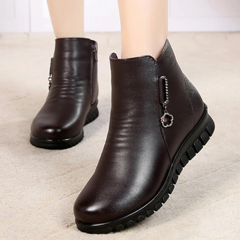 

Fashion Mother Ankle Boots Heel Plush Genuine Split Leather Zipper Women Round Toe Female Platform Ladies Shoes Botines Mujer
