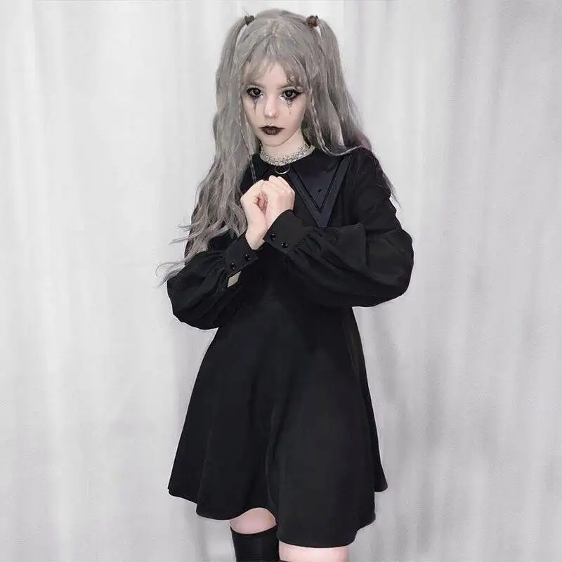 Goede Insgoth Harajuku Vintage Mini Zwarte Jurk Gothic Streetwear Lange Mouwen Slanke Vrouwelijke Korte Jurk Casual College Jurk