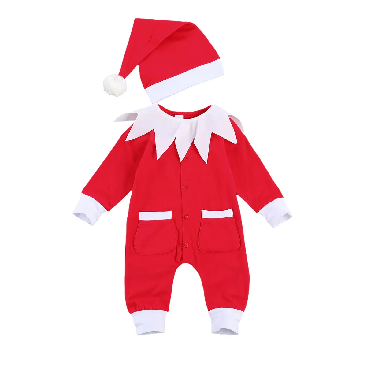 

Newborn Baby Christmas Romper Set Fake Collar Long Sleeve Button-up Jumpsuit with 2 Pockets + Hat for Winter, Fall
