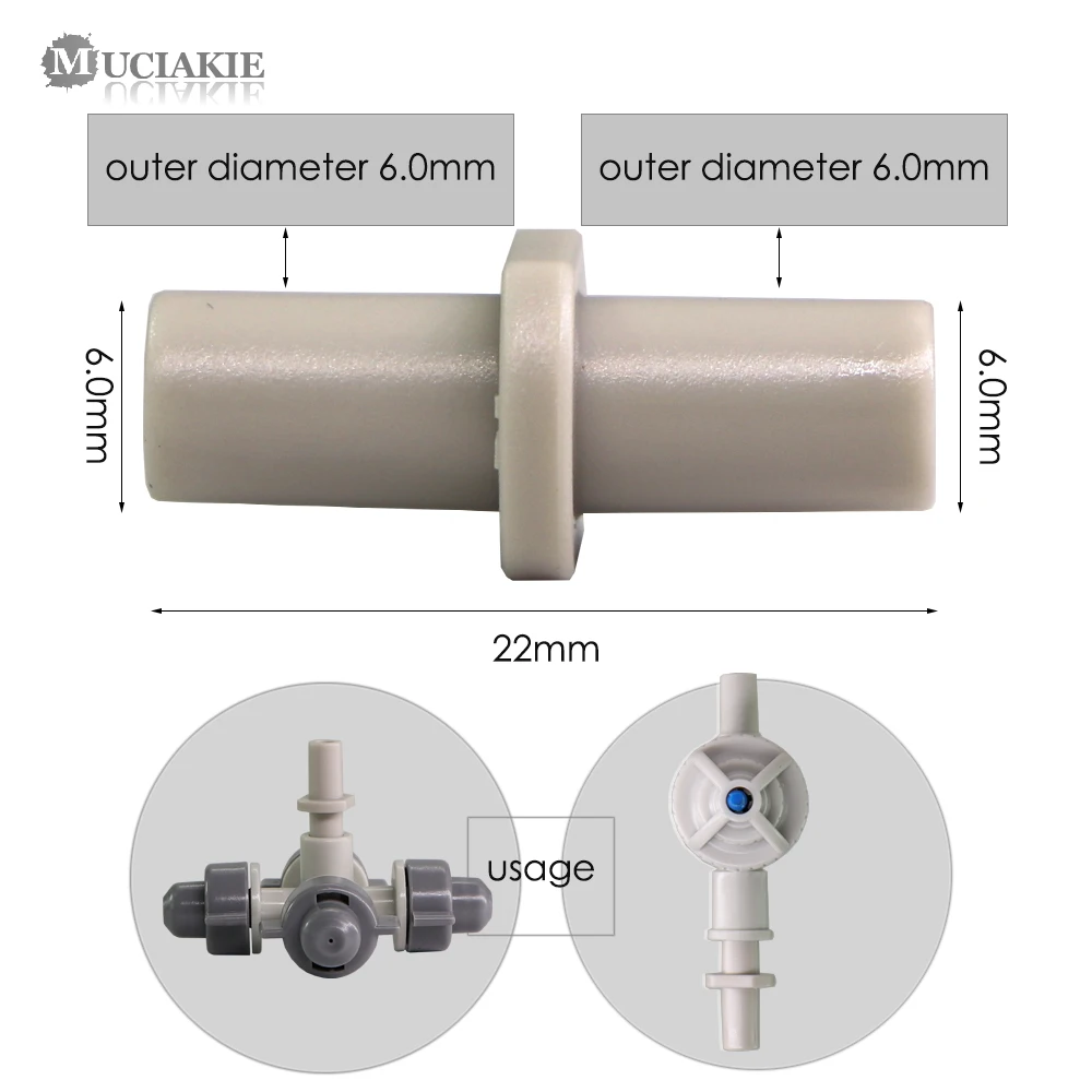 MUCIAKIE 100PCS Grey 6.0mm Equal Double Water Connectors Accessories Sprinklers Nozzle Coupling Adaptor Irrigation Joints