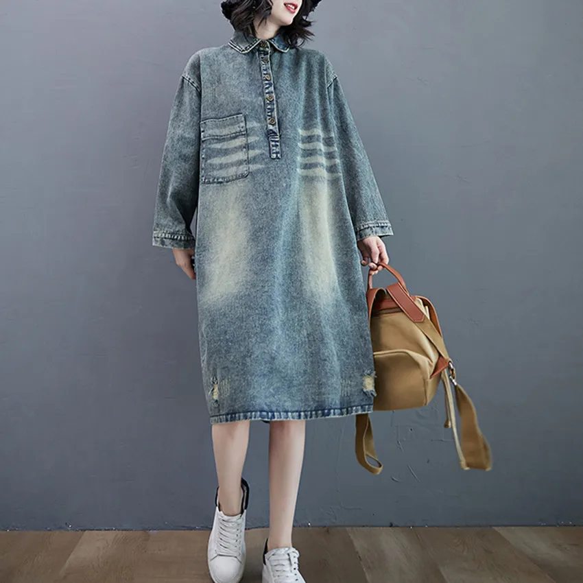 

Autumn Long Denim Dresses Women Long Sleeve Casual Jeans Dress Mori Girl Vintage Washed Oversized Dresss Robe Femme