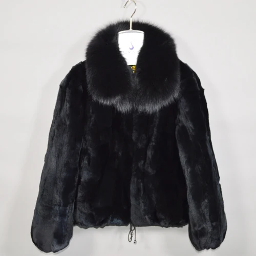 Стиль, женская зимняя теплая мягкая качественная Настоящий мех кролика, пальто с мехом кролика Рекс, короткая куртка, большое натуральное пальто с меховым воротником - Цвет: black