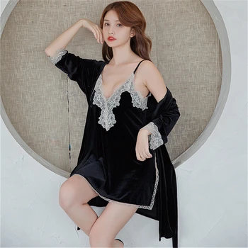

Sleepwear suspender skirt split ends seduction autumn winter robe women two-piece sexy gold velvet new woman's home service
