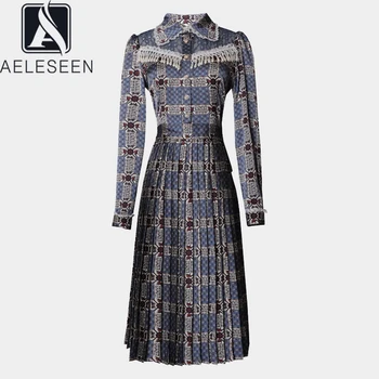 

AELESEEN Vintage Designer Spring Dress Women Long Sleeve Flower Print European Beading Paerls Pleated Party New Year Drses